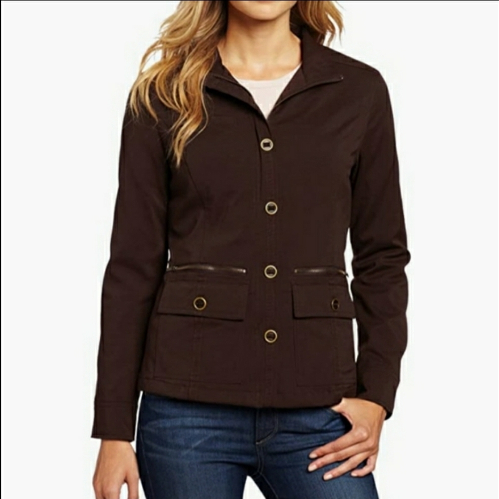 PrAna Lydia large brown military style zip-up utility jacket w 5 pockets